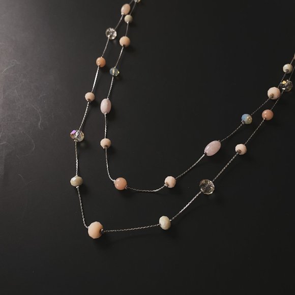 38" LOFT Pastel Pink Champagne Beaded Silver Chain Boho Double Strand Necklace - Picture 4 of 11